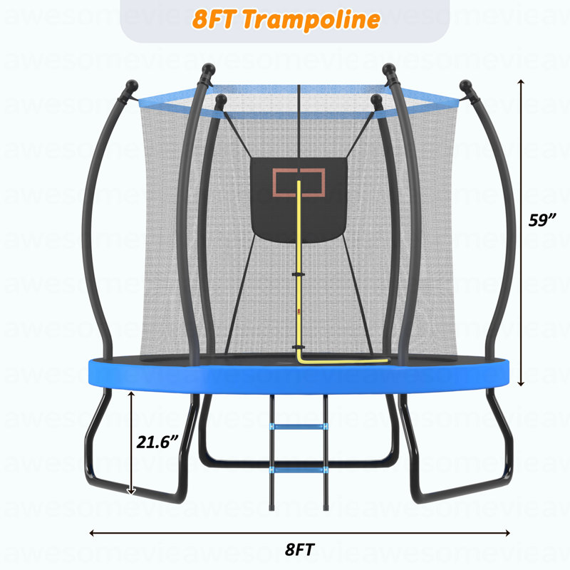 Trampoline 8 pi avec panier de basketball, filet d'enclos et échelle, trampoline d'extérieur pour enfants, trampoline récréative