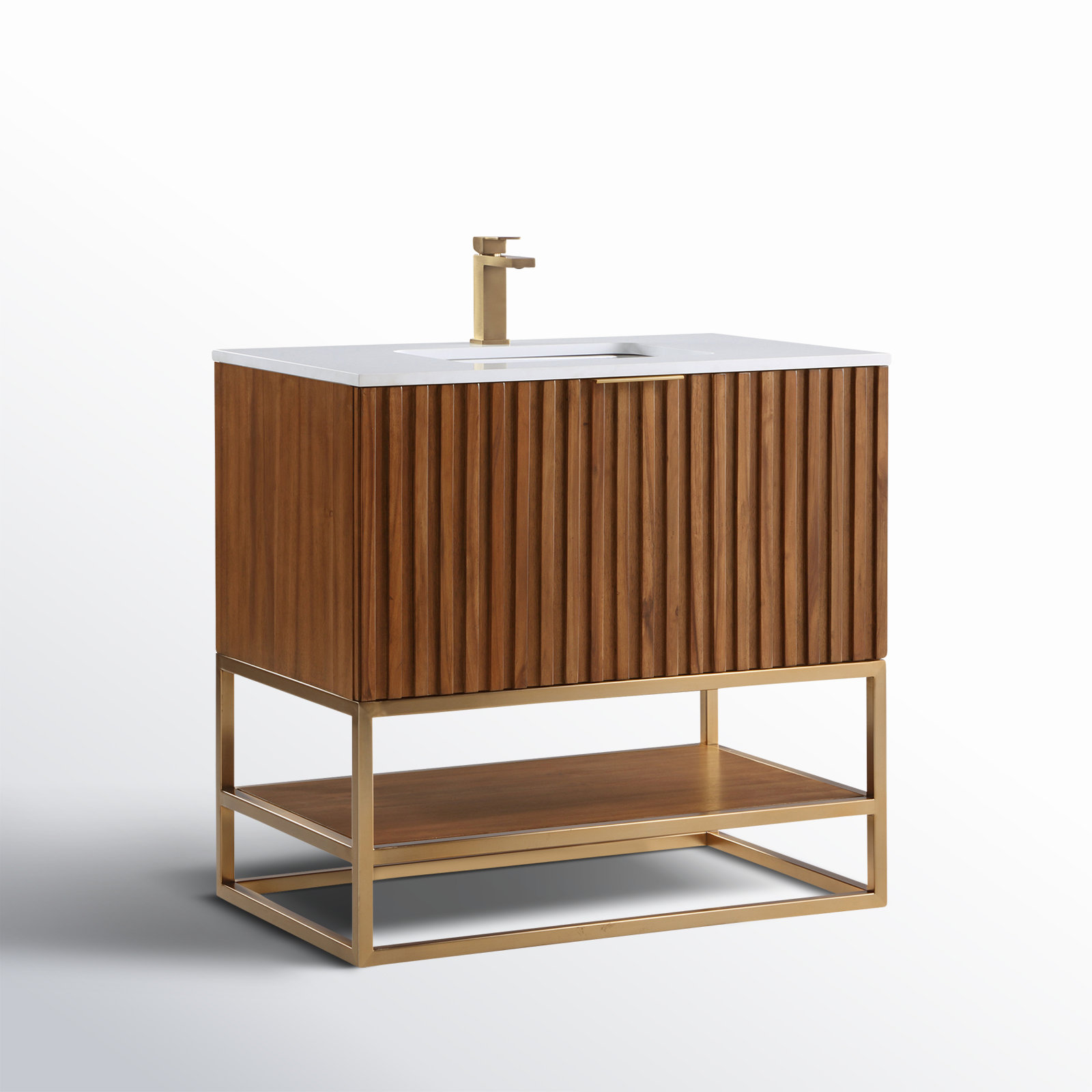 Terra 36'' Single Bathroom Vanity, White Quartz/Single Faucet Mount, Walnut, Satin Brass