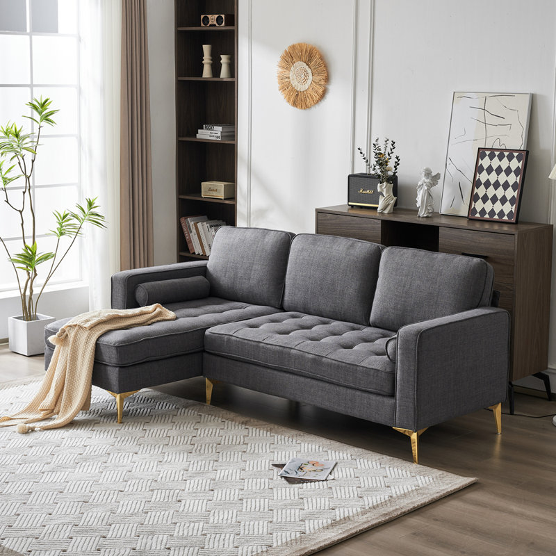 Upholstered 85.83'' Sofa & Chaise, Gray 100% Linen
