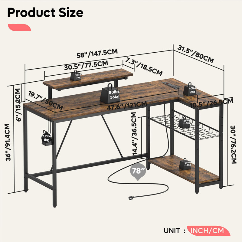 Modular L-Shaped Iron Computer Desk with Built-In Electrical Outlet, Rustic Brown