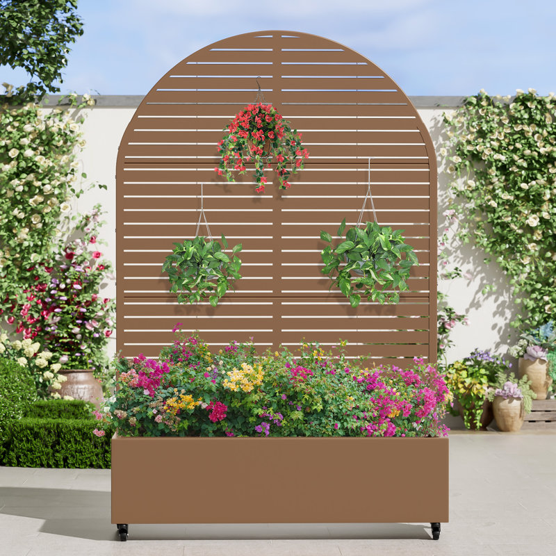 Lit de jardin en métal avec treillis et roues, H 72 po x l 47 po x P 16 po, Brun