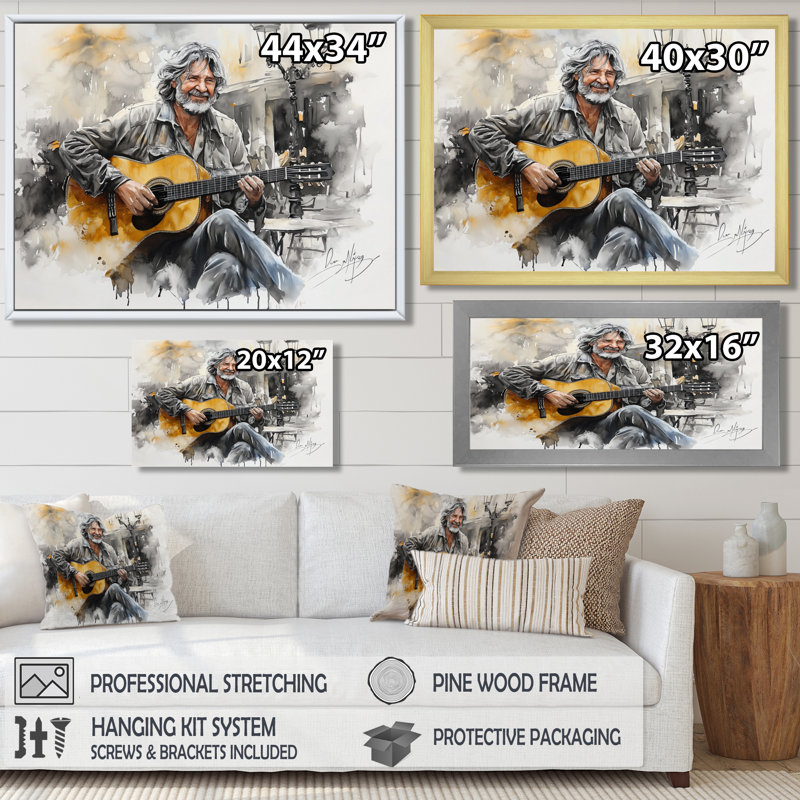 «Madrid's Street Performers - Musician», reproduction sur toile, H 24 po x l 32 po, Cadre flottant sans passe-partout, Doré