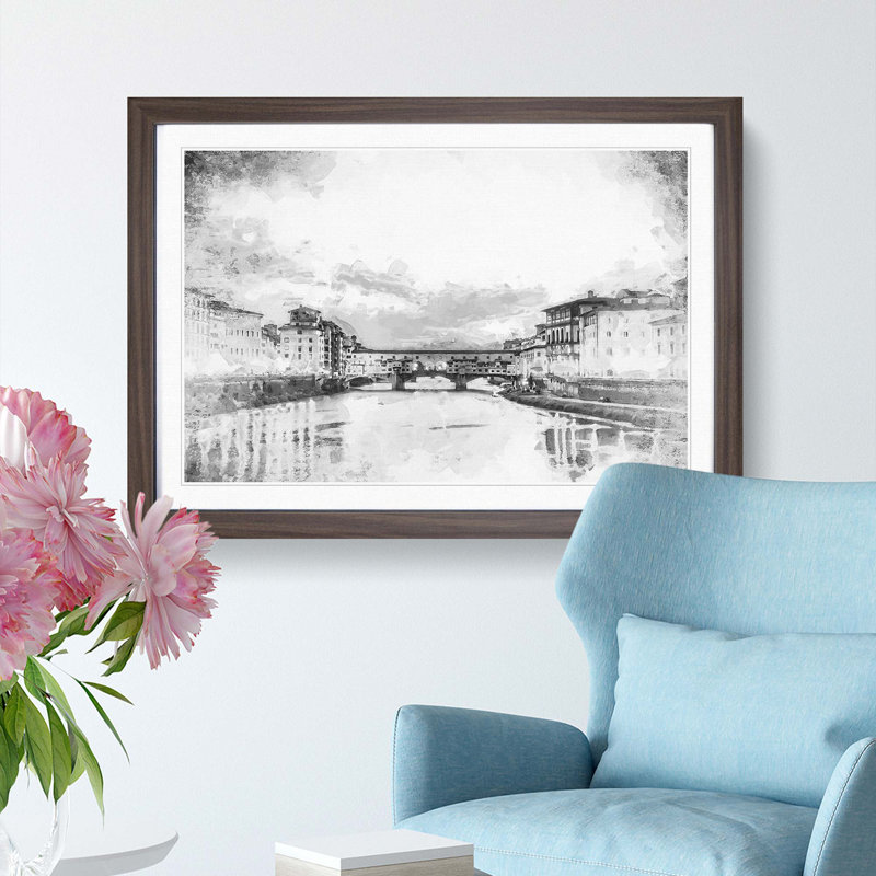 Ponte Vecchio Bridge in Florence Italy - Framed Print, 60cm H x 91cm W x 2cm D, Walnut