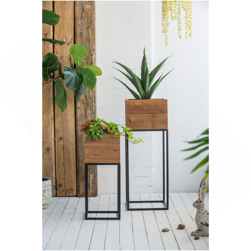 Ensemble de 2 boîtes en bois récupéré avec support en fer noir, L 11 x 11 x 29,5 po: 8,5 x 8,5 x 21,5