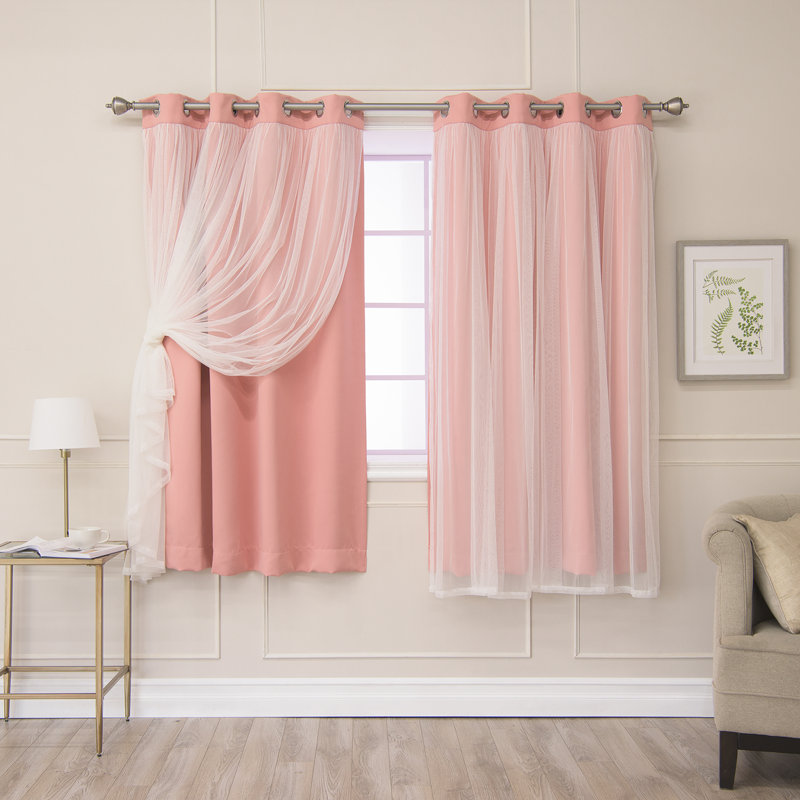 Fortuna Brockham Solid Tulle Overlay Room Darkening Grommet Curtain Panels, Coral, 52" W x 63" L