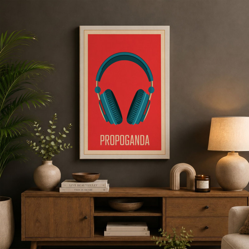 Headphones Bold Graphic Mid-Century - Wrapped Canvas, 30x20 - 76.2 x 50.8 cm, Teal Border