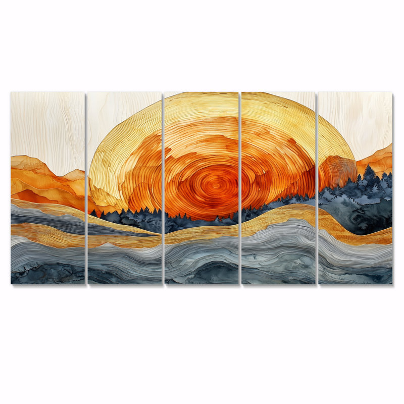 «Sunrise Tree In Forest Landscape I», art mural forêt - ensemble d'art mural traditionnel 5 pièces, H 28 po x l 60 po