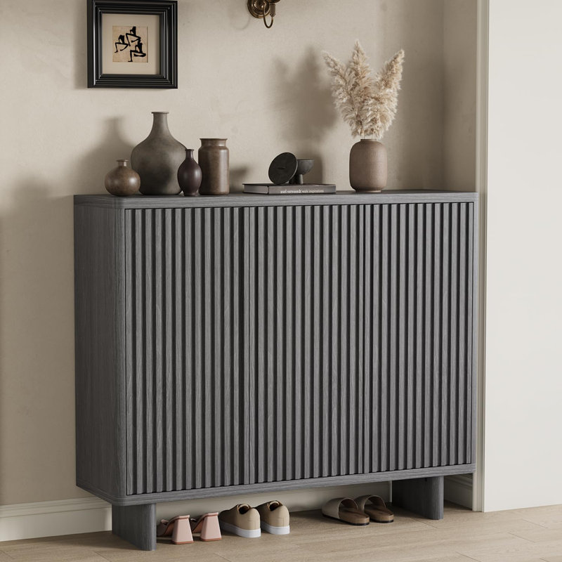 46" Fluted Door Shoe Cabinet, 5-Tier Entryway Shoe Storage with Adjustable Shelves, Gray
