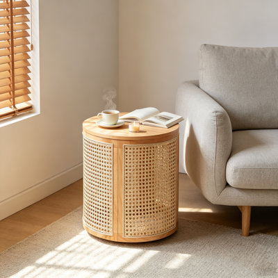 15" Round End Table, Rattan Woven Side Table with Rubber Wood Top & MDF Base, Small Nightstand for Living Room, Bedroom, Easy Assembly, Natural Home Decor