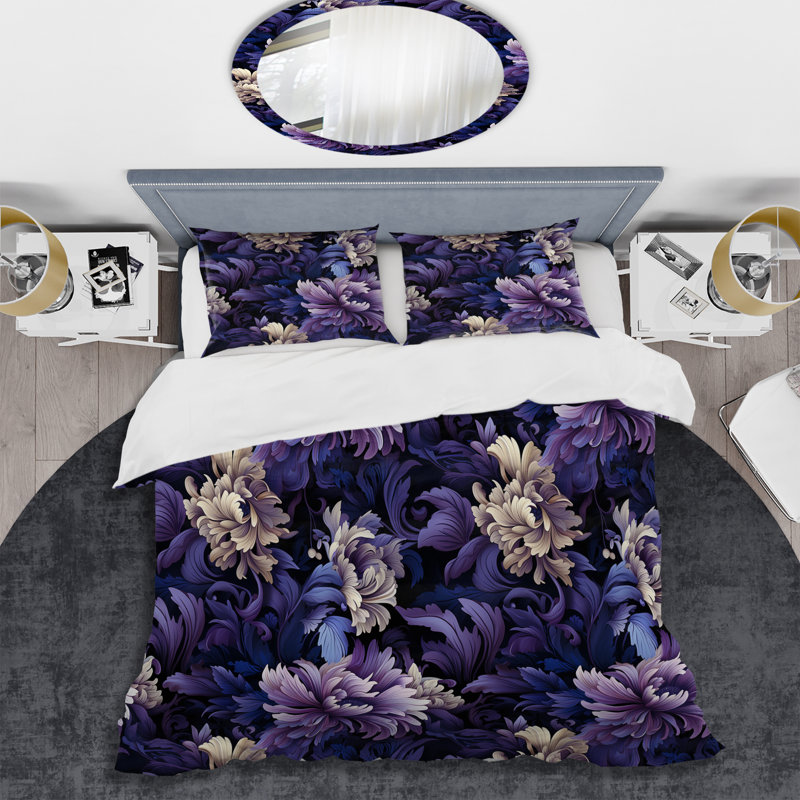 Mystic Purple Damask Whispers III - Ensemble de housse de couette damassé, Housse de couette pour très grand lit et 2 très