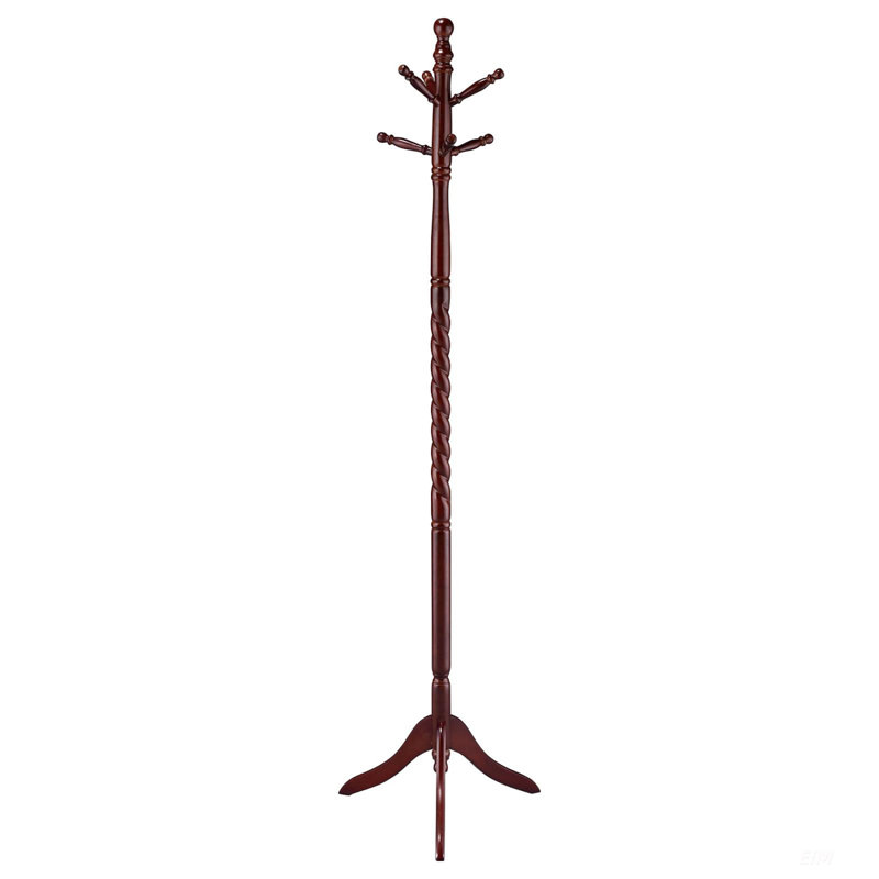 Traditional Merlot Finish Coat Rack With Twisted Post And Two-Tier Hangers For Entryway Organization