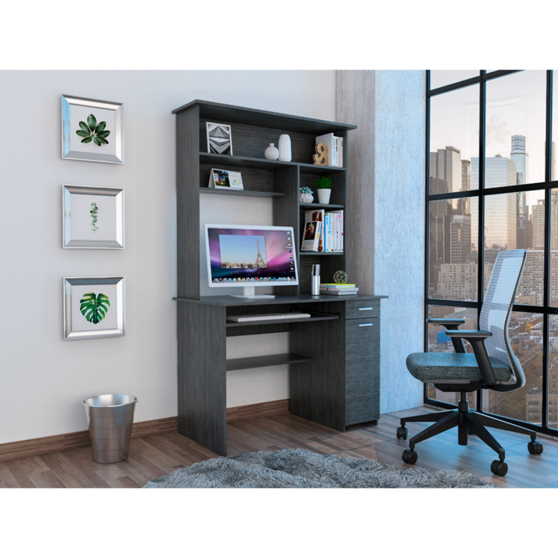 Compu 180 Hutch Desk, Multiple Shelves, Keyboard Tray, CPU anel, One Drawer, Gray