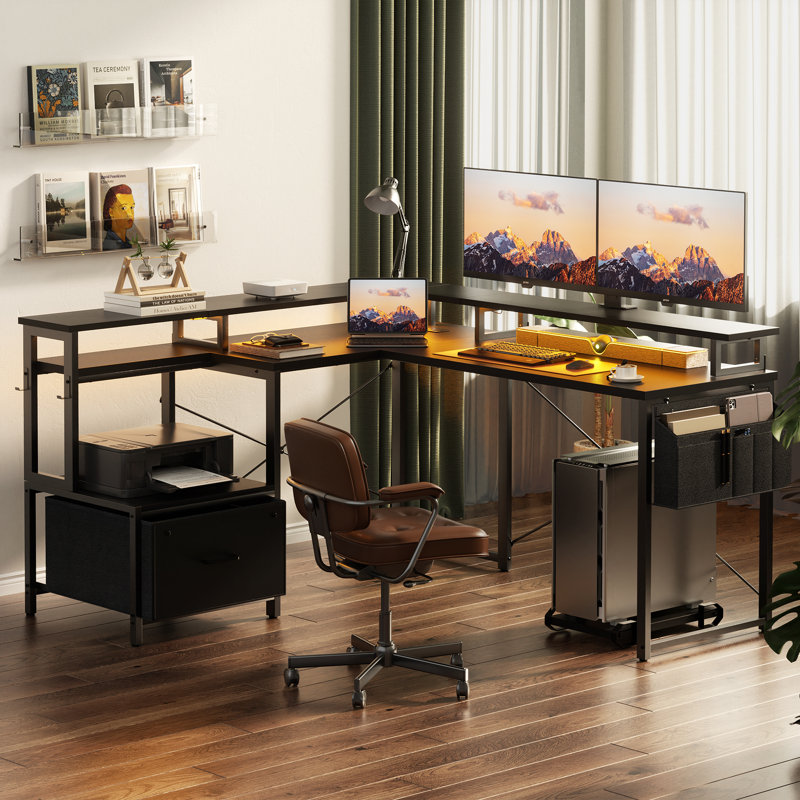 Vanscoy Reversible L-Shaped Computer Desk with File Drawer and Storage, Black