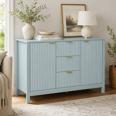Buffet à motif ondulé - 3 tablettes réglables, 3 tiroirs et portes à fermeture en douceur, console de rangement avec poignées en métal, convient pour le bureau, le couloir et le salon