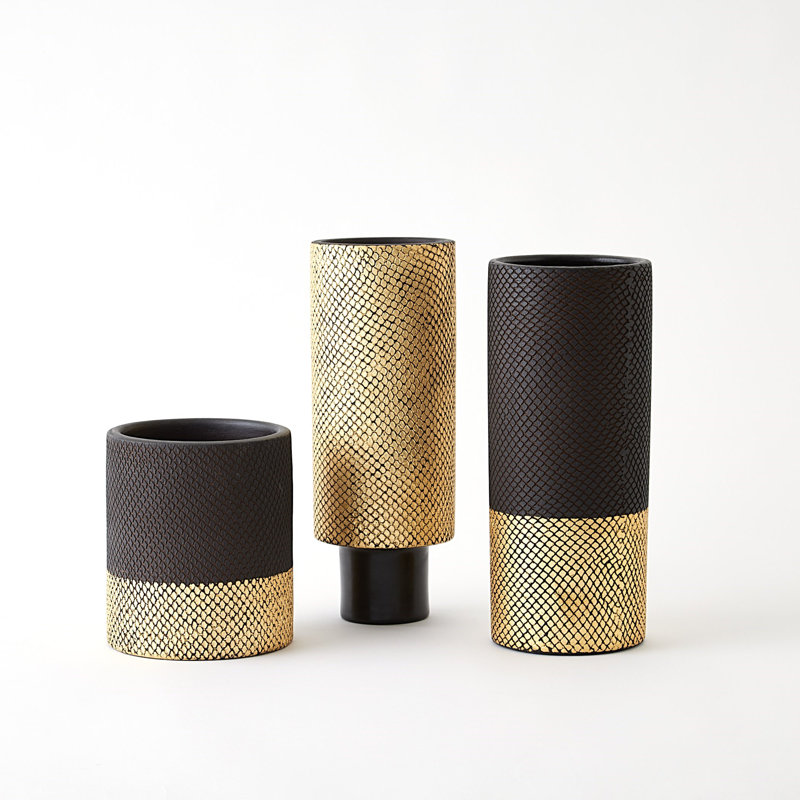Java Vase-Matte Black/Gold Metallic-Sm, 8" H x 7" W x 7" D