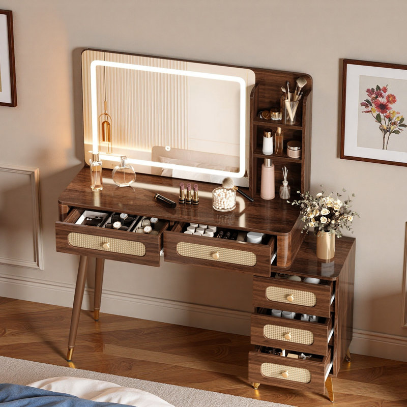 47" Vintage Makeup Vanity Desk With LED Mirror, 5 Storage Drawers & Adjustable Brightness, Dark Walnut, Dark Walnut