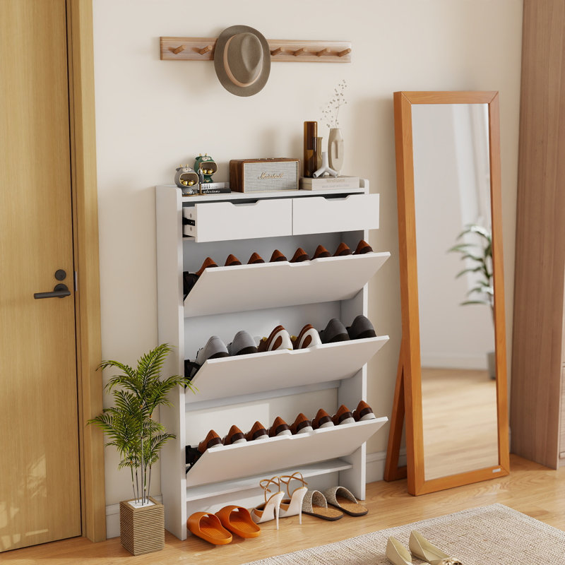 Slim White Shoe Cabinet For Small Entryway – Thin Shoe Storage Organizer With 2 Drawers & 3 Flip-down Compartments, Space-saving Shoe Rack For Hallway, Living Room, Bedroom Or Walk-in Closet