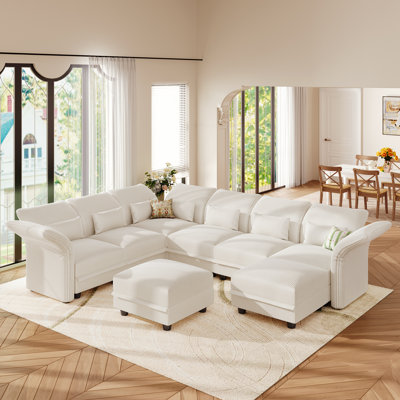 U-Shaped Upholstered Modular Sectional Sofa With Storage, 8 Seat  Corduroy  Couche With Adjustable Arms Backs,Plush Supportive Cushions, Beige