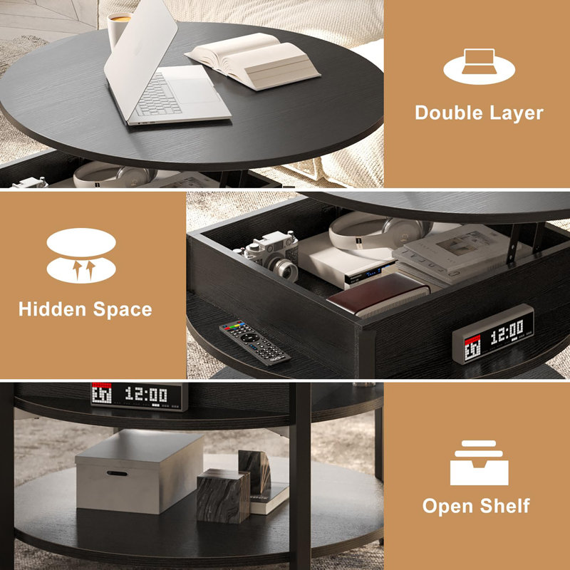Black Round Wood Lift-Top Coffee Table with Storage
