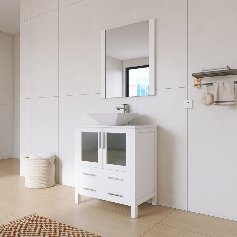 Ensemble de meuble-lavabo simple 30 po avec plateau en céramique et miroir Bennet | Structure en bois massif, portes à fermeture en douceur et tiroirs pleine extension