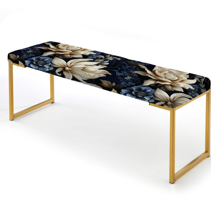 Toler - Floral Upholstered Gold Bench, Deep Blue And White Daisy Flower III 