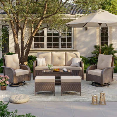 Ensemble de conversation de patio 6 pièces avec chaises berçantes pivotantes à 360 °, ensemble de meubles de patio en osier et en acier toutes saisons avec table basse de rangement, repose-pieds à usages multiples pour la cour, le porche et le jardin