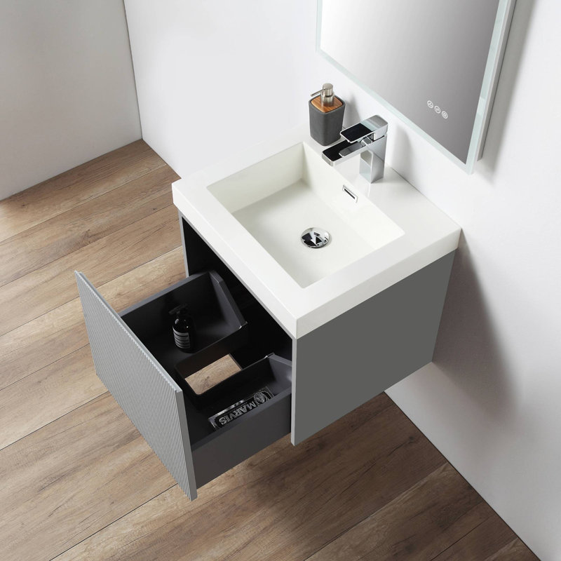 Keriel 20'' Floating Bathroom Vanity with Sink – Wall-Mounted Fluted Wood Cabinet with Acrylic Top, Soft-Close Door & U-Shaped Plumbing Drawer for Small Spaces