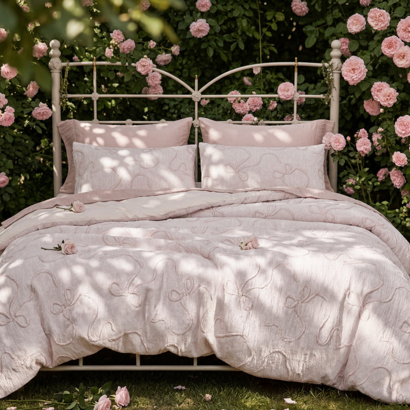 Ensemble d'édredon 3D Puffy Jacquard, Édredon grand + 2 taies d'oreiller standard, Rose sépia