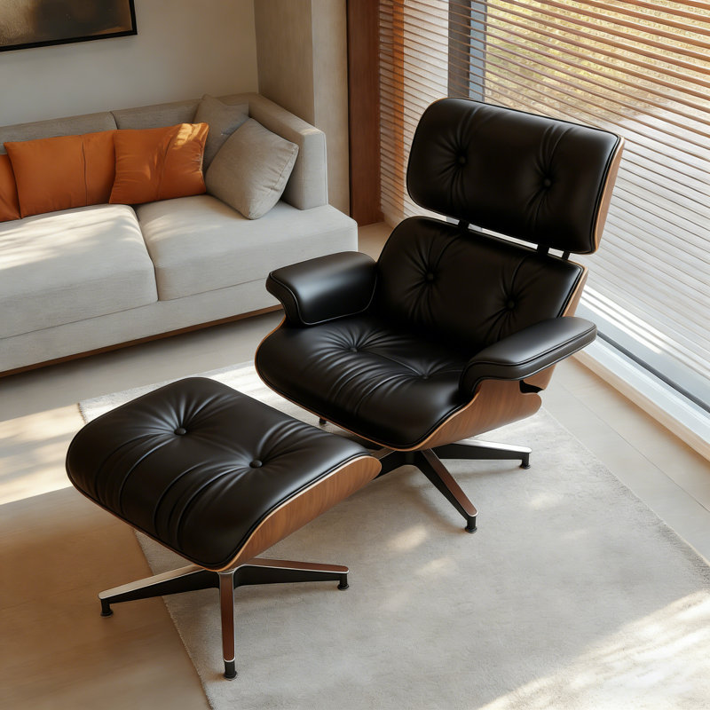 Genuine Leather Swivel Lounge Chair With Ottoman, Walnut, Black