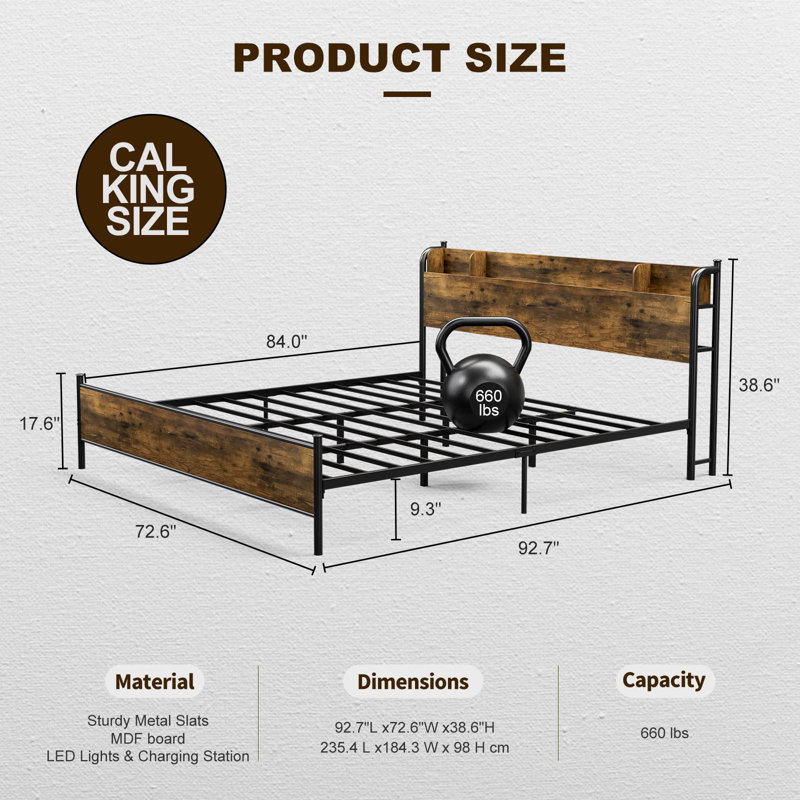 Dianthe Bed Frame with Storage Shelf Headboard & Charging Station, LED Lights, Extra Long Twin, Rustic Brown