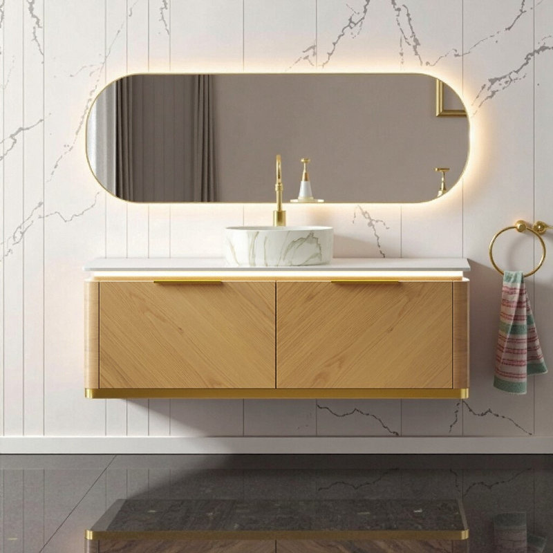 Superbe meuble-lavabo flottant de 48 po avec capteur de lumière et lavabo vasque en céramique - Armoire de rangement de luxe pré-assemblée