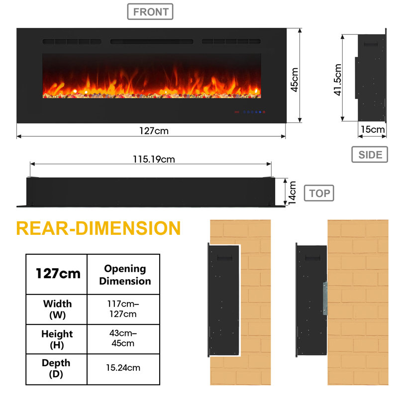 Electric Fireplace with Remote & Touch Screen Control, Electric Fireplace Mounted Recessed, 13 LED Color Flame Effect, 2 Heat Settings 750W/1500W, Timer, Overheat Protection