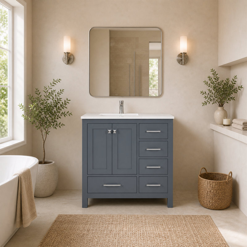 Meuble-lavabo autoportant gris anthracite avec plateau en quartz de Carrare 36 po Anvay, Quartz - blanc de Carrare