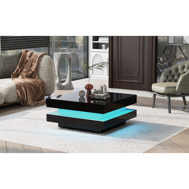 Design minimaliste avec lumières DEL enfichables 16 couleurs, table basse carrée à 2 niveaux, Noir
