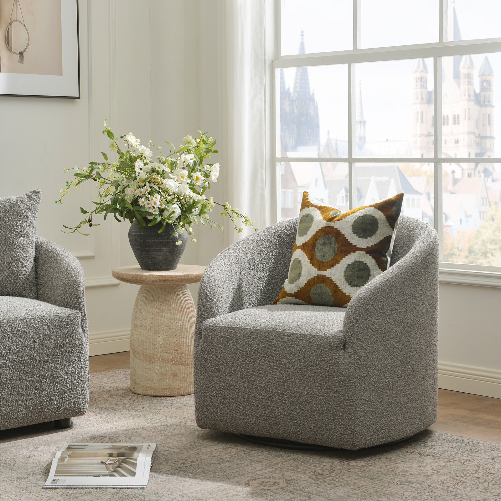 Deans 32" Boucle Upholstered Swivel Barrel Chair , Gray
