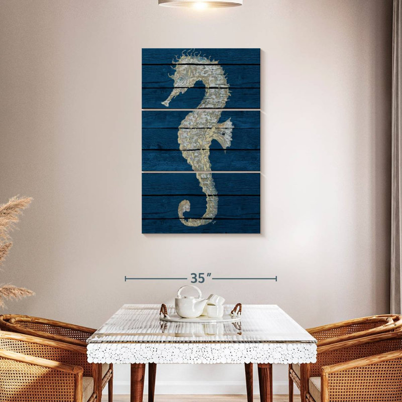 Hippocampe antique Brampt sur bleu II, H 45 po x l 28 po