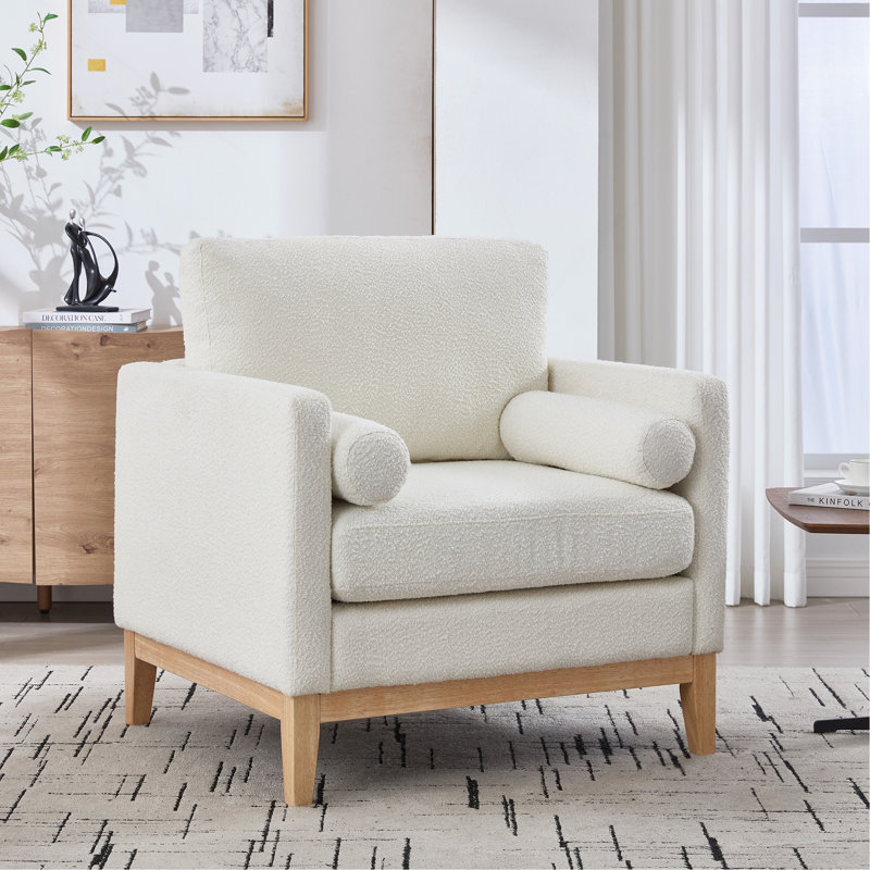 35. 4 "Wide Modern Farmhouse Performance Accent Chair With Natural Wood Legs, Wood Base Reading Armchair Single Sofa With Two Bolster Pillows For Living Room Offices And Lounge, Ivory Boucle.