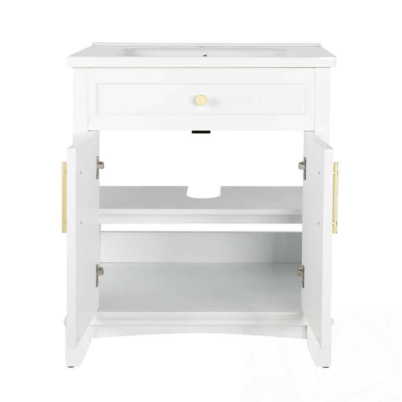 Meuble-lavabo avec lavabo, 2 portes et poignées en métal, Blanc