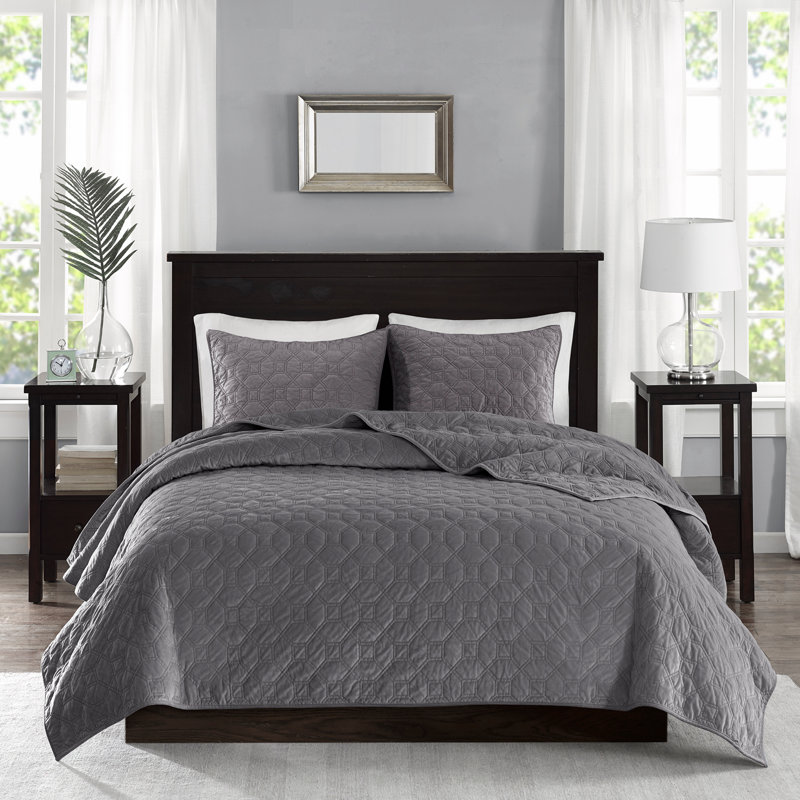Ensemble de courtepointe 3 pièces en velours, Gris, Courtepointe double + 2 pièces supplémentaires