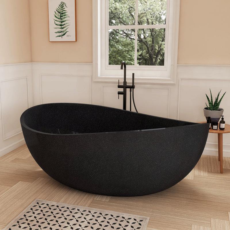 Fslefay 65'' Terrazzo Freestanding Solid Surface Concrete Soaking Bathtub, Black