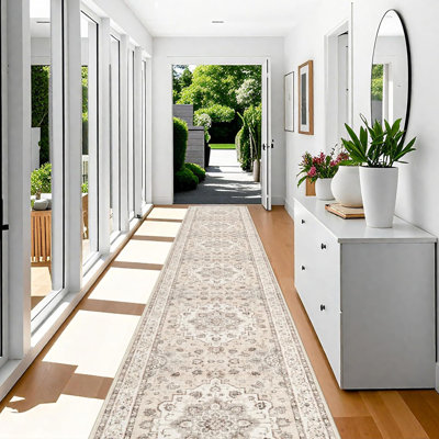 Washable Hallway Rugs: Oriental Non-Slip Kitchen Carpet Distressed Low Pile Indoor Rug for Bedroom Entryway Vintage Soft Non Shedding Floor Mat for Living Room Bathroom (Cream/Beige)