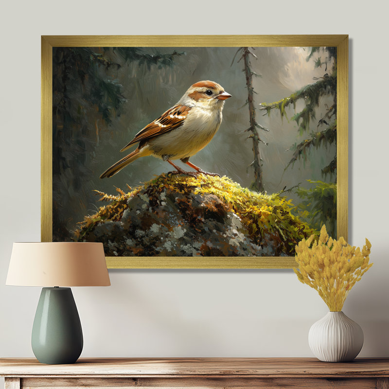 Oiseau moineau sur un rocher de la forêt I - oiseau, art mural, H 24 po x l 32 po, Cadre flottant, Doré