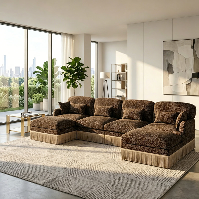 Canapé en chenille moderne à imprimé léopard avec franges et coussins lombaires, Chenille brun