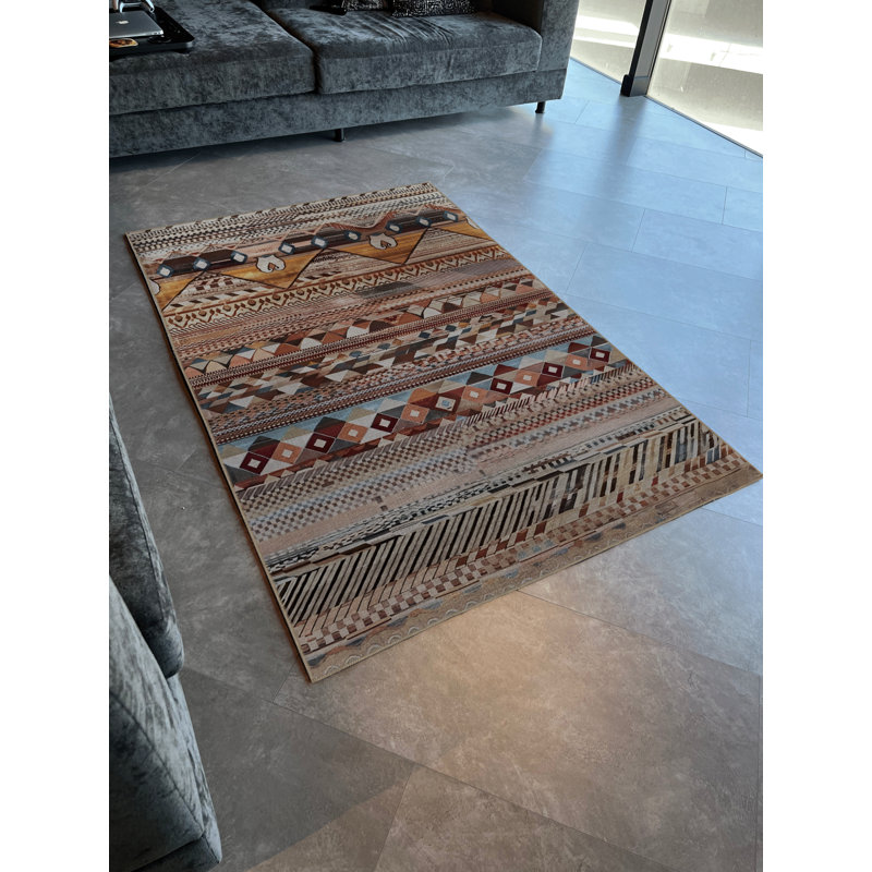 Multi-Colored Stripe Section Pyramid and Mixed Shape Patterned Modern Decorative Rug, Rectangle 4'3.18" x 6'2.8"