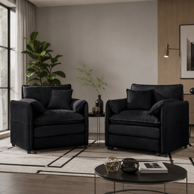 Ensemble de 2 chaises d'appoint surdimensionnées en chenille surdimensionnées, fauteuil simple confortable avec grand siège, fauteuil de lecture moderne pour chambre à coucher, salon, chenille, noir