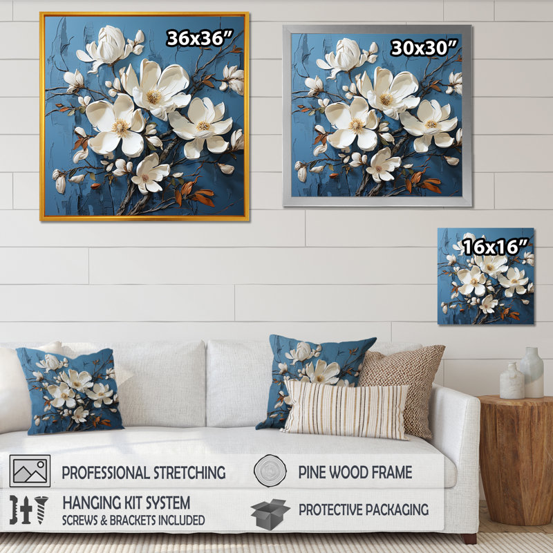 «Blue and White Magnolia Blooming Elegant I», reproduction sur toile, Cadre simple blanc, H 36 po x l 36 po x P 1,5 po