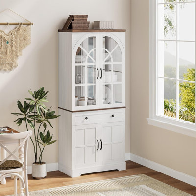 71.9" Farmhouse Pantry Cabinet, Tall Kitchen Storage with Tempered Glass Doors & Anti-Tip