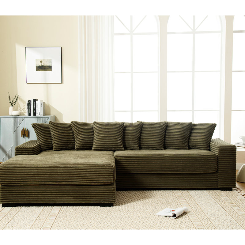Chaise moderne à gauche en velours côtelé avec 8 coussins tendance, une méridienne en L confortable, Vert