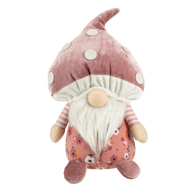 Pink Floral Mushroom Gnome Figurine with White Beard