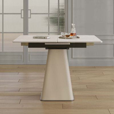 Retractable Rock Slab Dining Table with Leather-Wrapped Stainless Steel Base